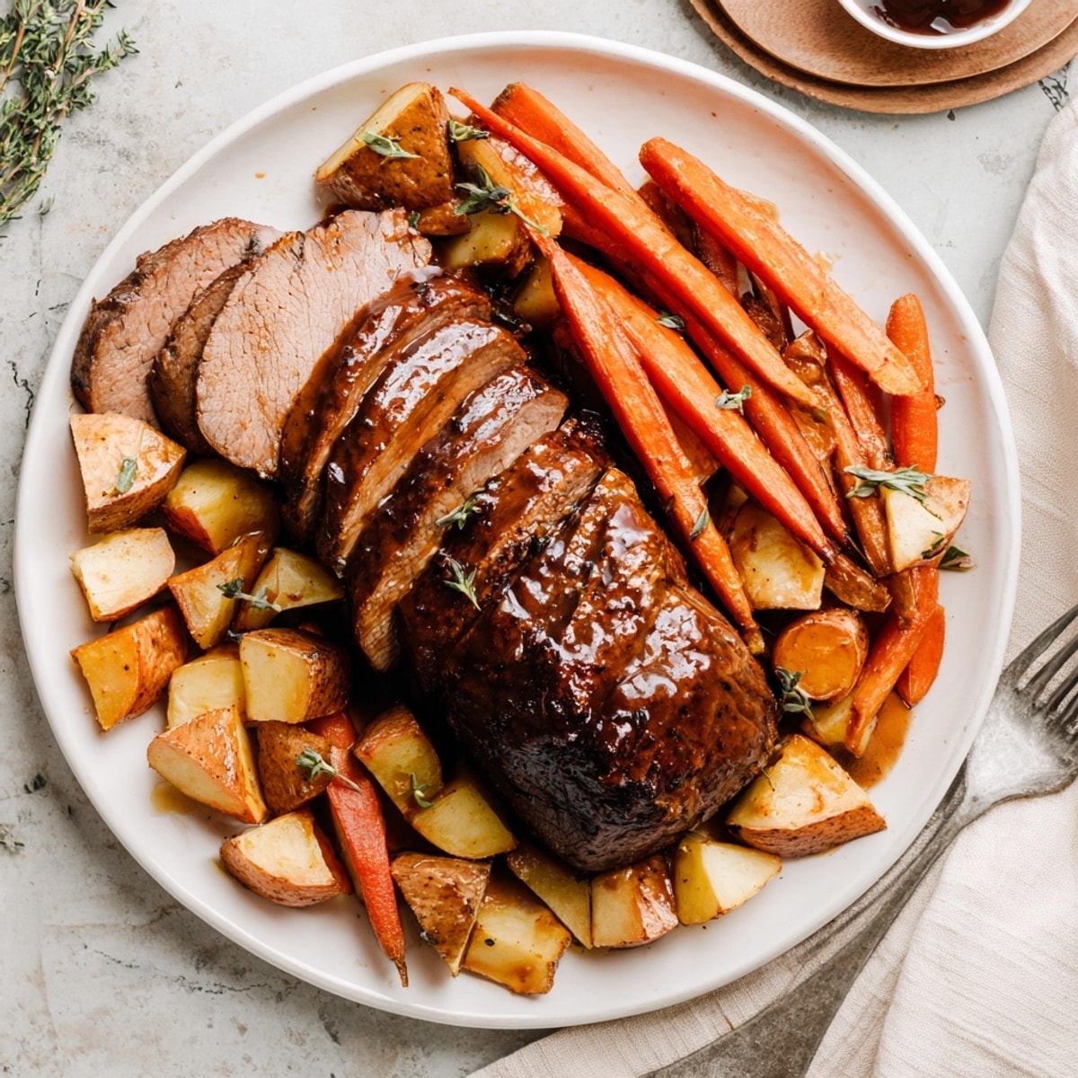 Sizzling Honey Garlic Pork Roast alongside tender root vegetables; a flavorful autumn dinner.