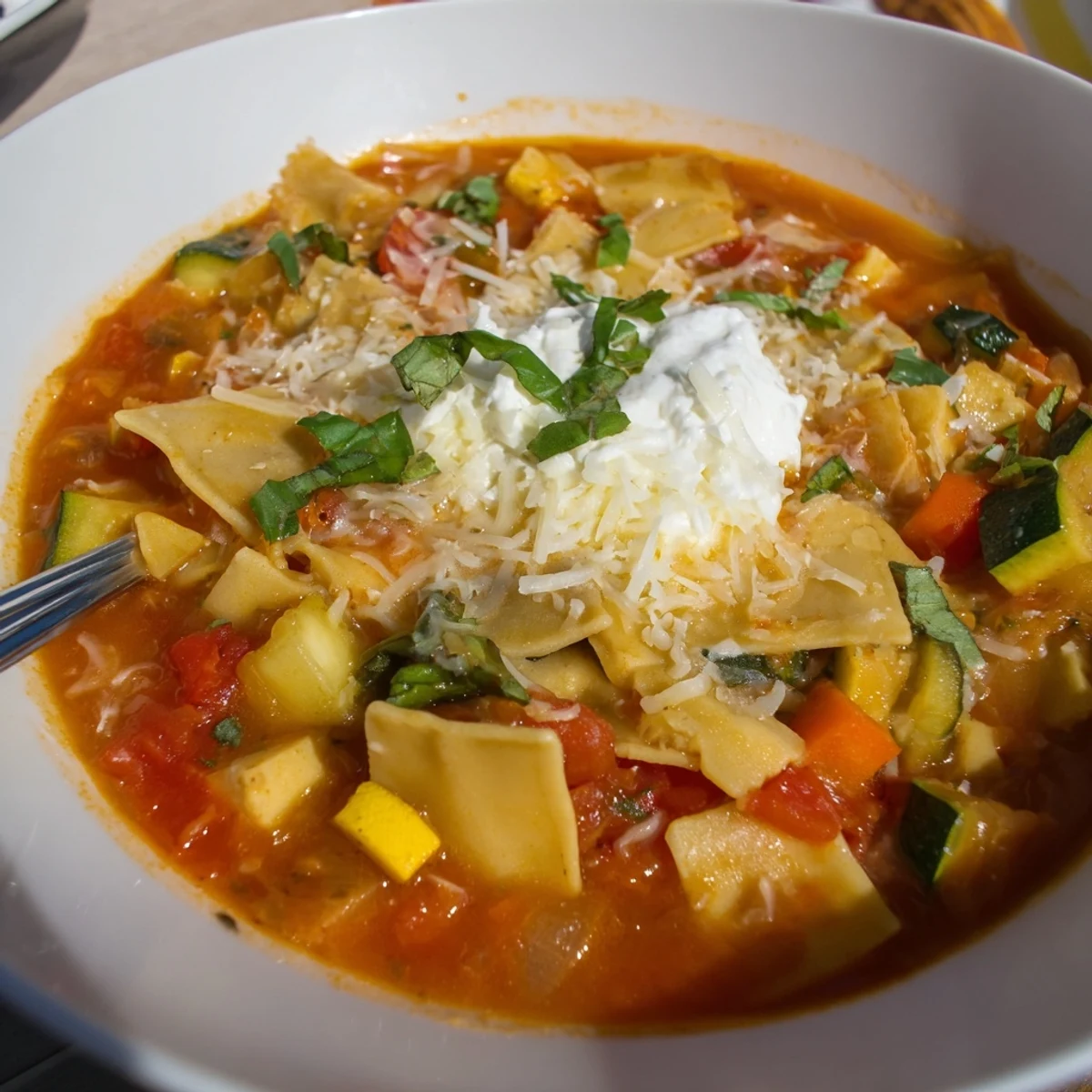A steaming bowl of veggie-packed one-pot lasagna soup topped with creamy cheese.  