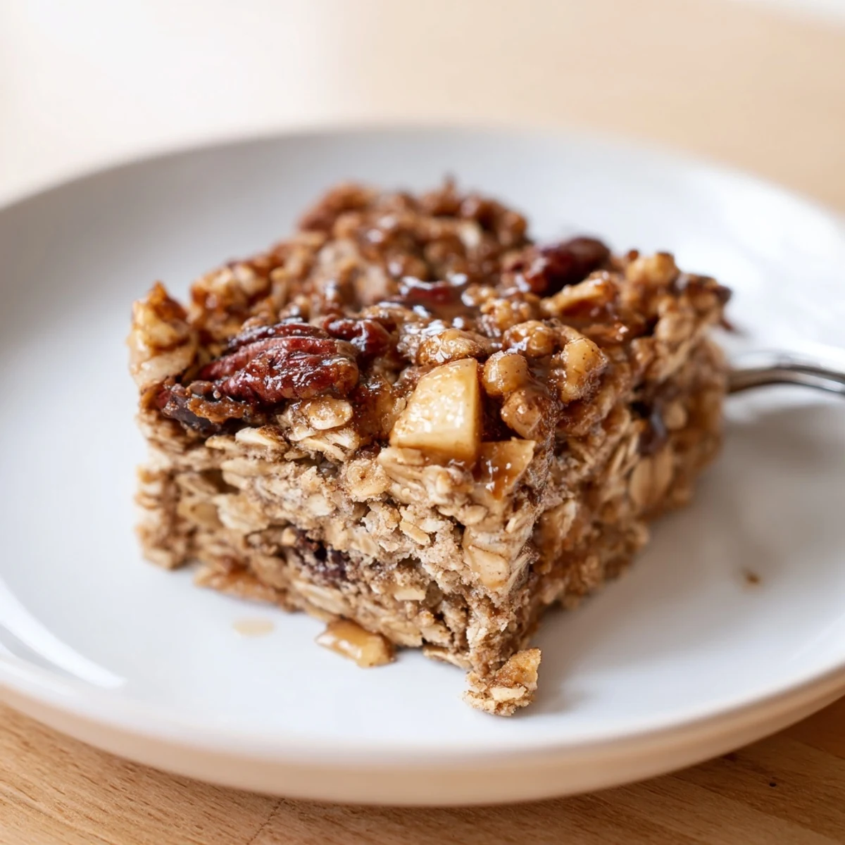 Maple Walnut Baked Oatmeal drizzled with syrup, served warm and comforting for breakfast.  