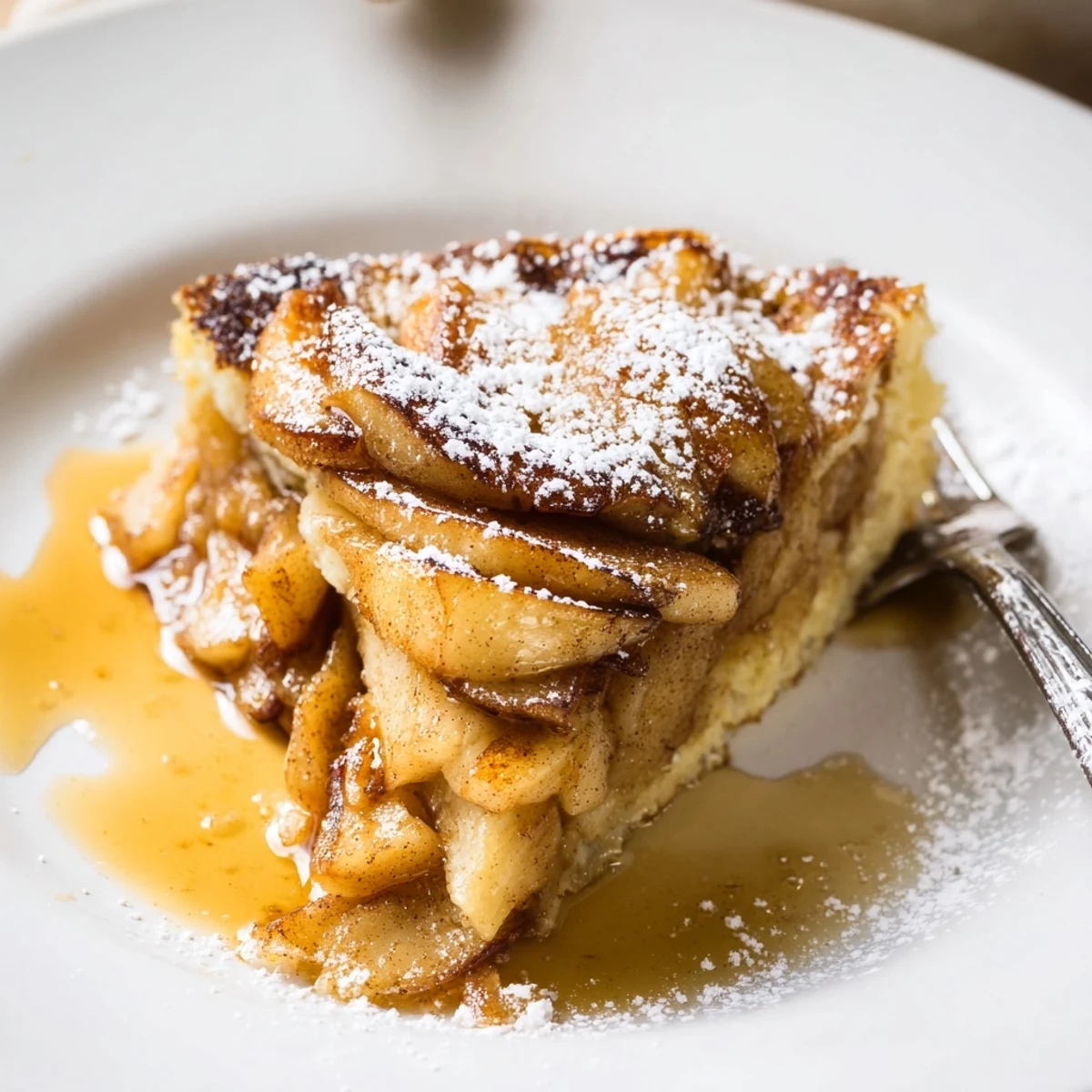 Golden pancakes infused with cinnamon, served warm with caramelized apple slices.  