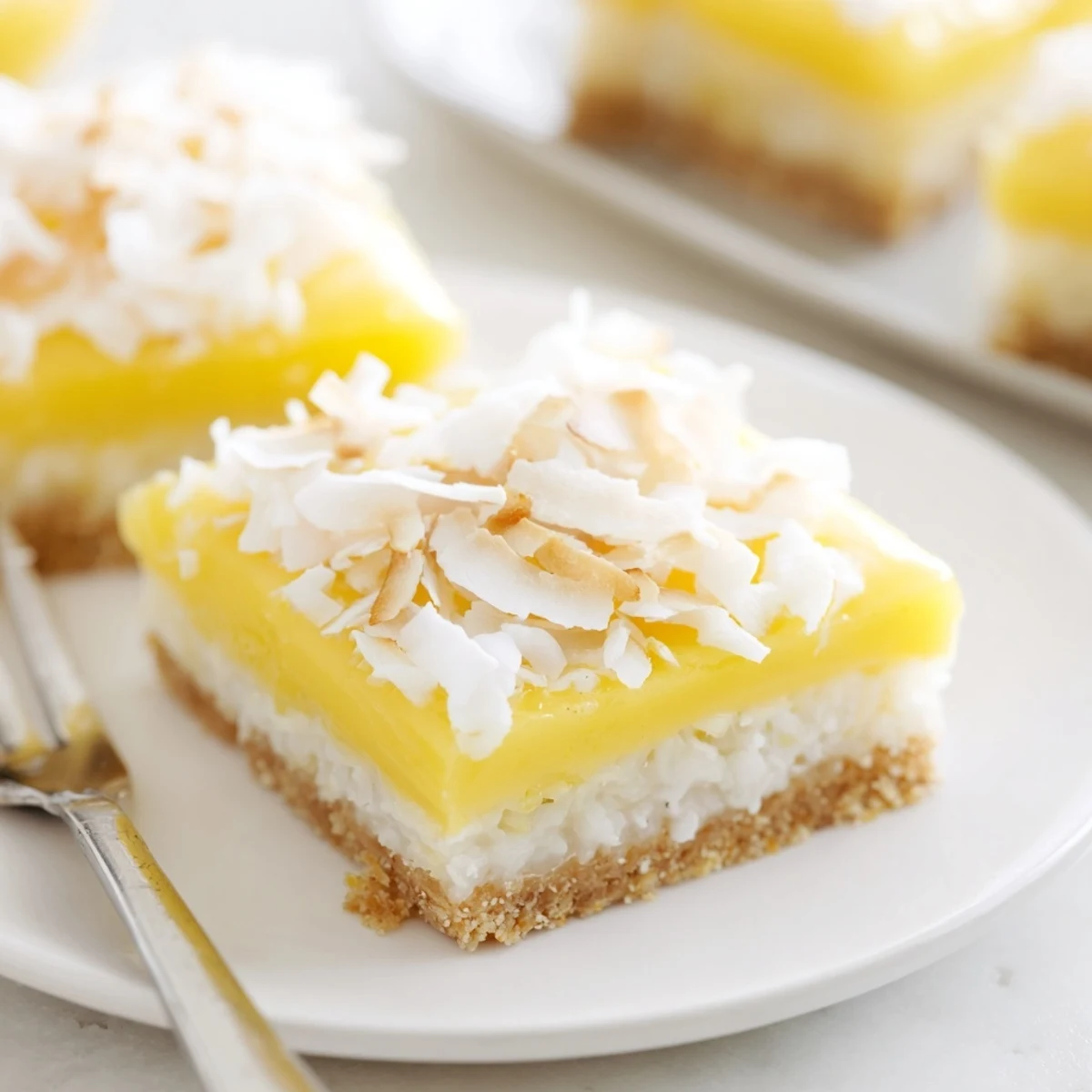 Bright and zesty No-Bake Lemon Coconut Squares topped with crispy coconut flakes.  