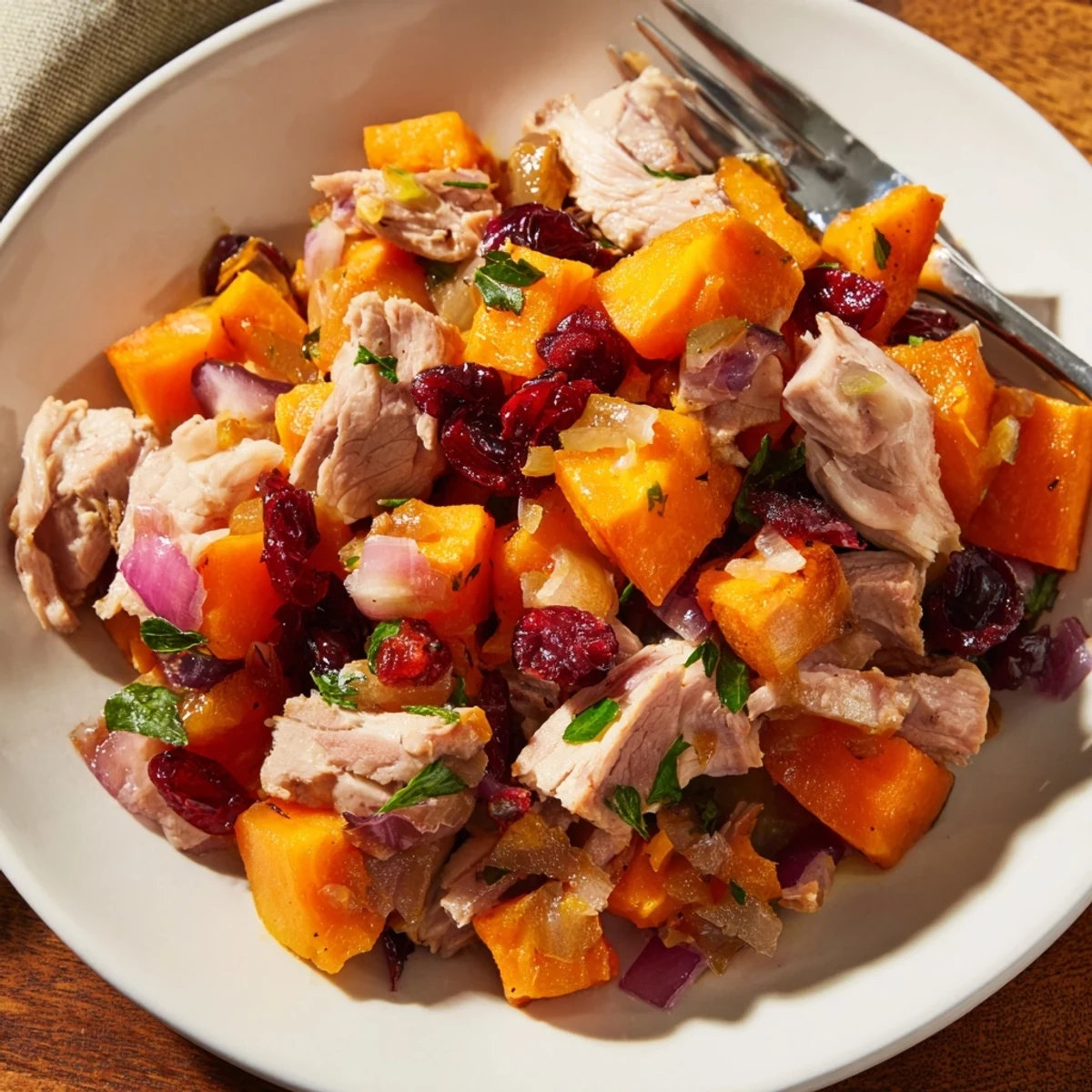 Savory Rustic Skillet Turkey and Cranberry Hash, perfect for cozy brunches or leftovers.