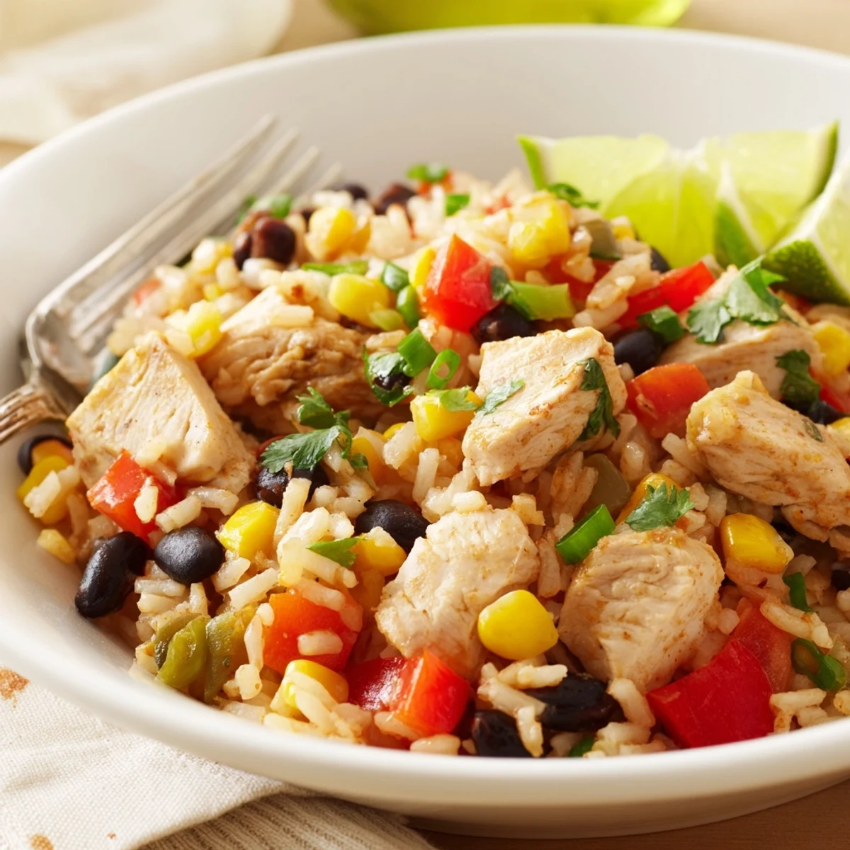 Succulent Southwest Chicken and Rice Pot served with fresh cilantro and lime wedges.  