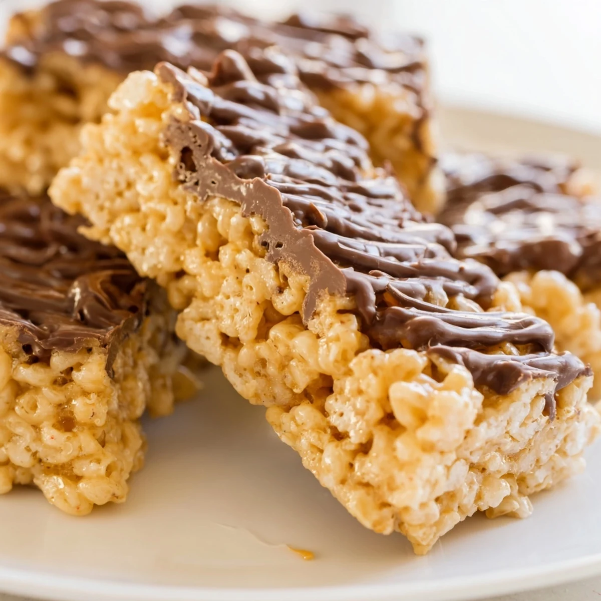Chewy Easy Caramel Rice Krispie Bars drizzled with chocolate, perfect for sweet cravings.  
