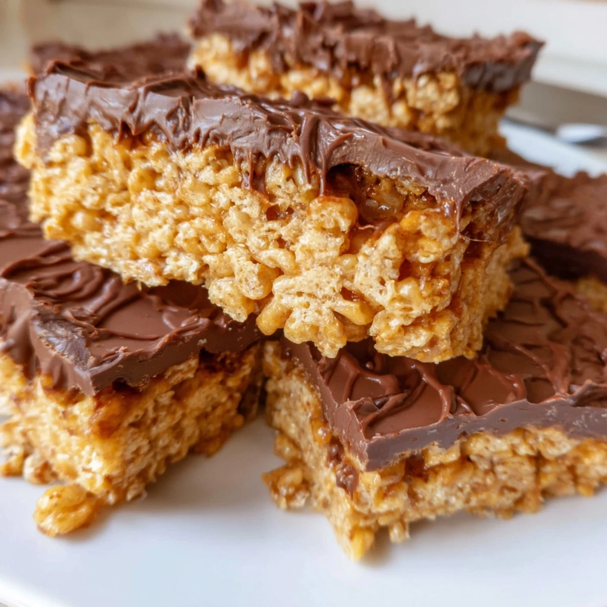Gooey Easy Caramel Rice Krispie Bars topped with melted chocolate, a delightful party treat.  