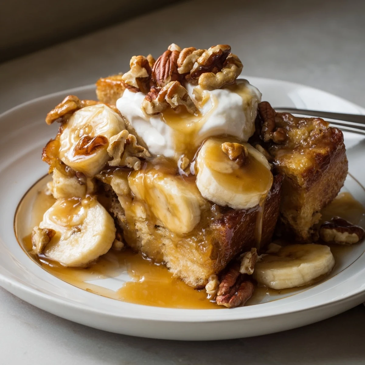 Warm butterscotch banana bread pudding topped with creamy whipped cream and nuts.  