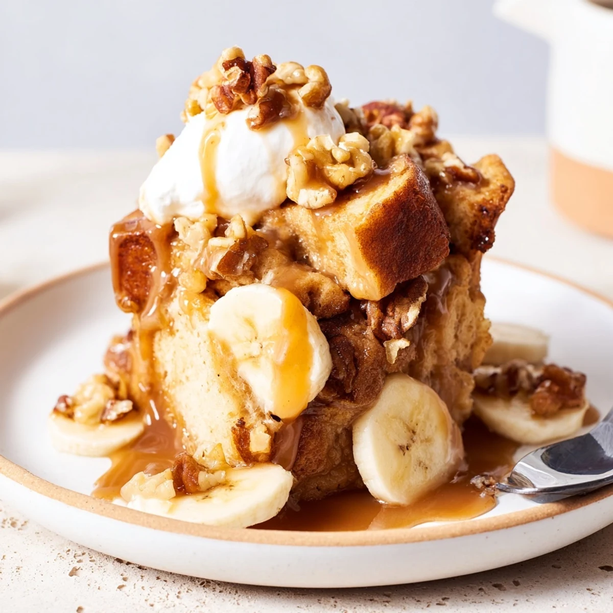 Golden brown banana bread pudding soaked in luscious butterscotch custard, ready to serve.  