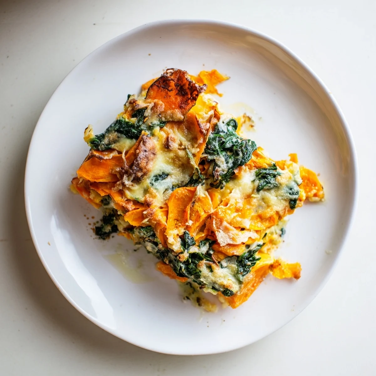 Delicious sweet potato and spinach gratin baked to perfection and ready to serve.