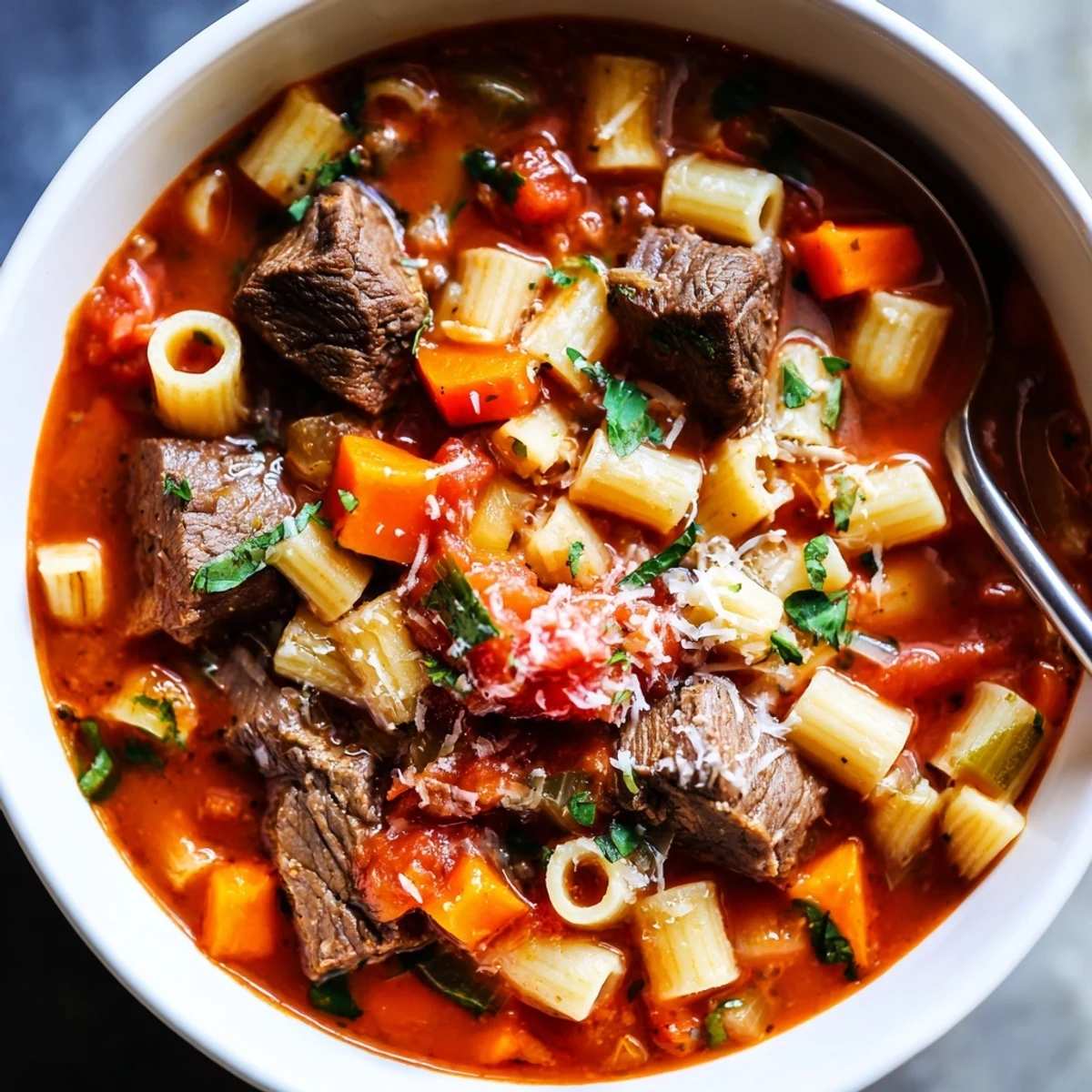 Hearty Beefy Tomato Pasta Stew simmering with vibrant vegetables and rich spices.  