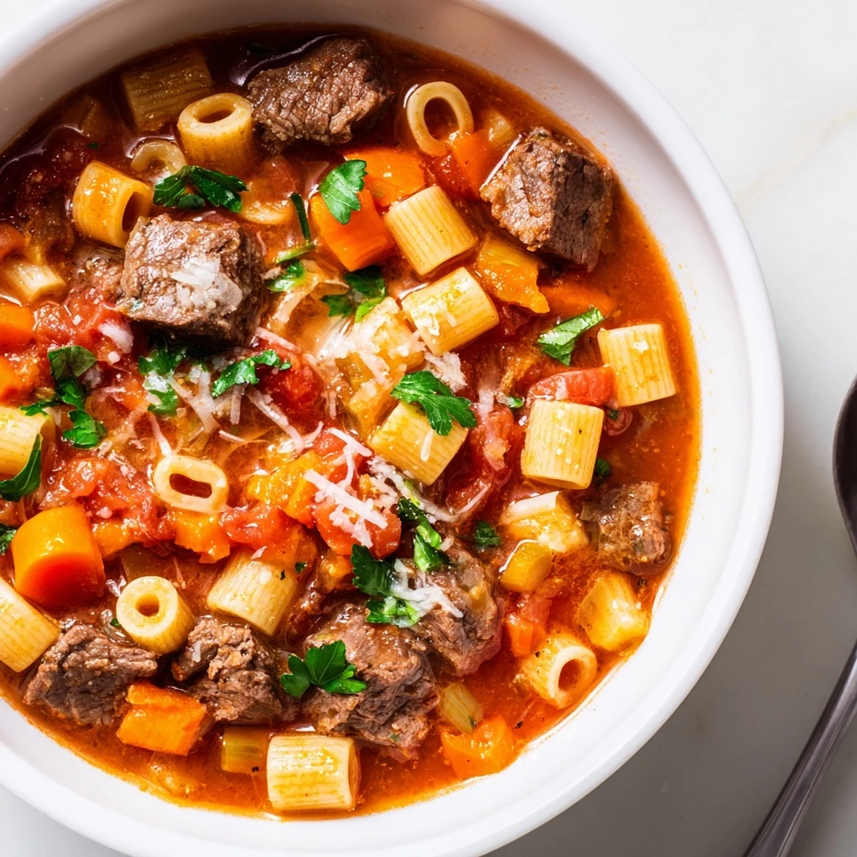 Comforting Beefy Tomato Pasta Stew served in a rustic bowl, perfect for family meals.