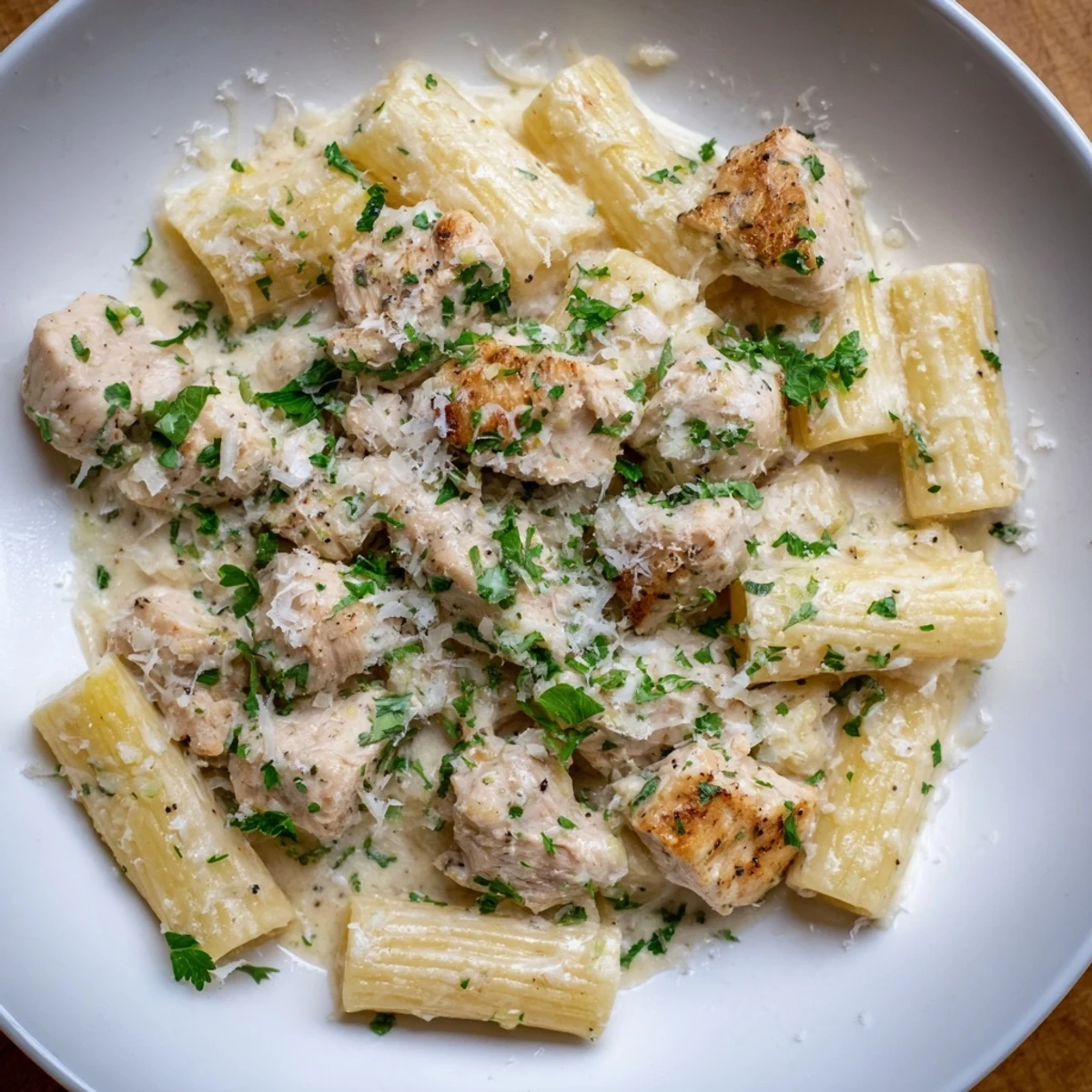 Imagine the aroma: sizzling garlic and tender chicken in this tempting Creamy Garlic Parmesan Rigatoni.