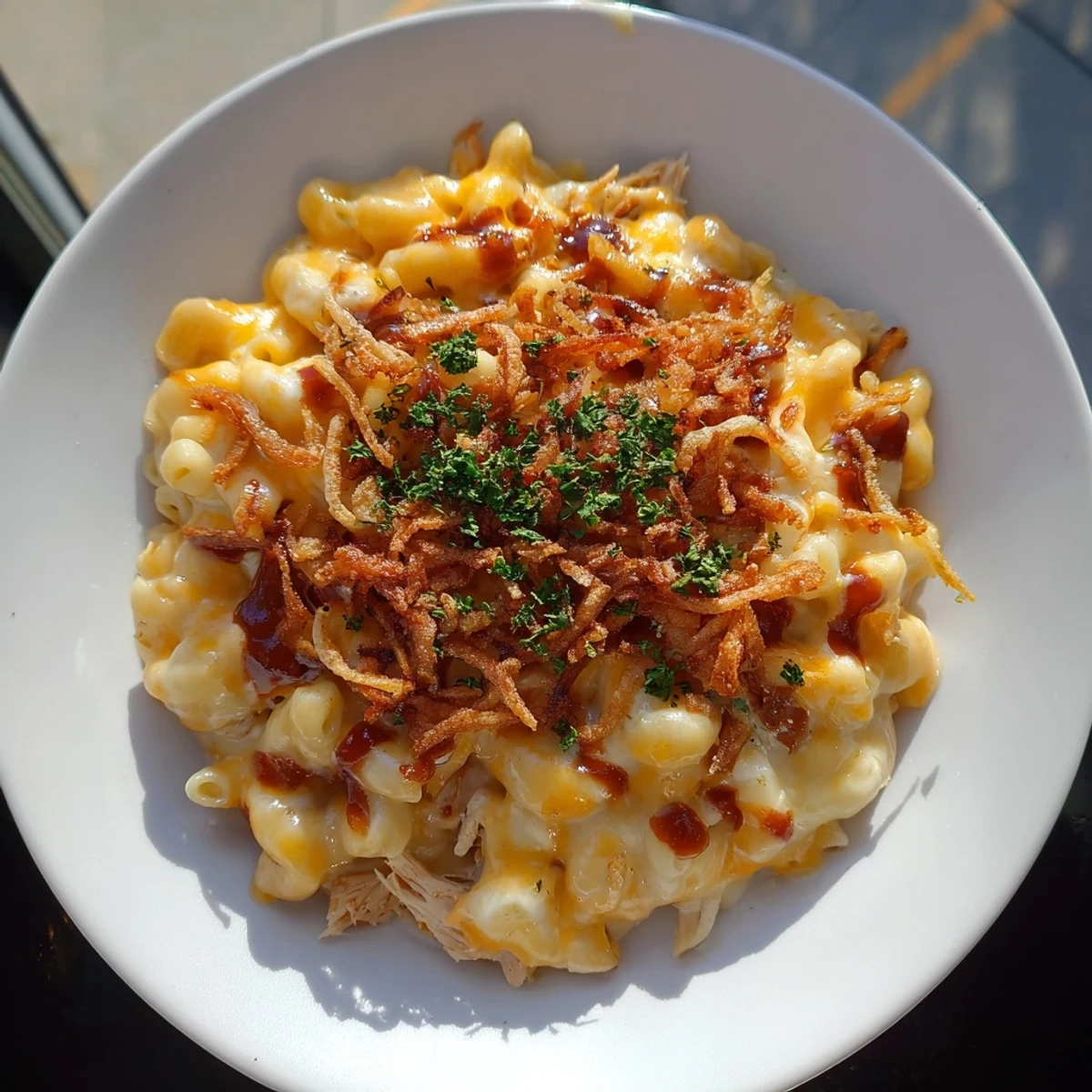 A close-up of creamy, golden honey BBQ chicken mac and cheese, garnished with fresh parsley and crunchy onions.