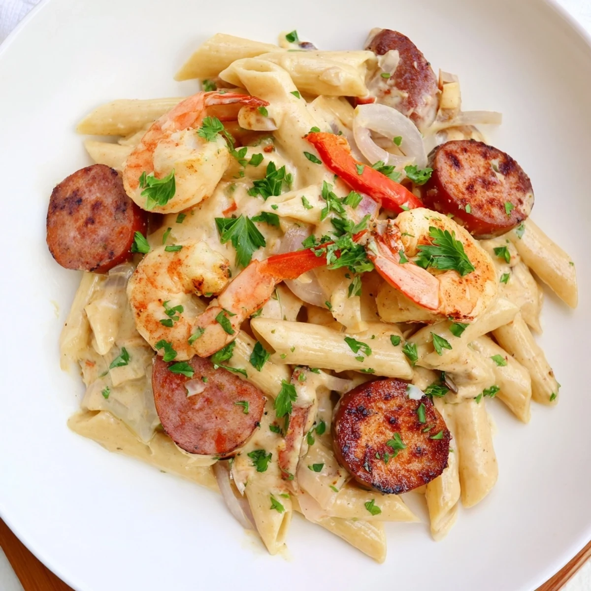 Cajun Sausage & Shrimp Alfredo Pasta Skillet showcasing the creamy sauce with shrimp and sausage, ready to eat!