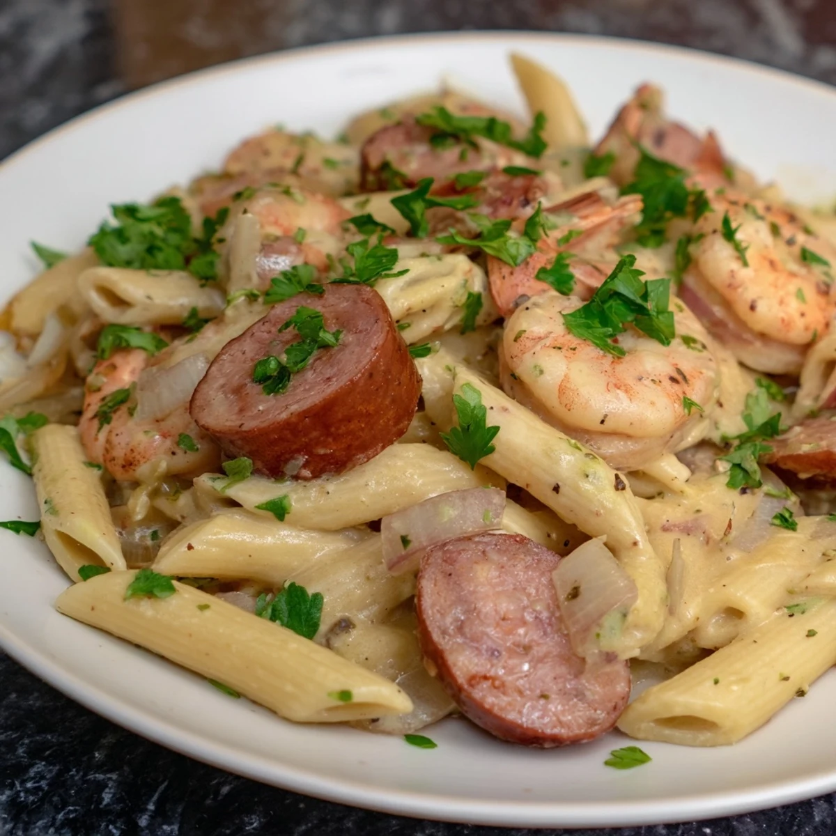 One-pan Cajun Sausage & Shrimp Alfredo Pasta Skillet with tender shrimp, and a spicy, cheesy sauce, delicious.