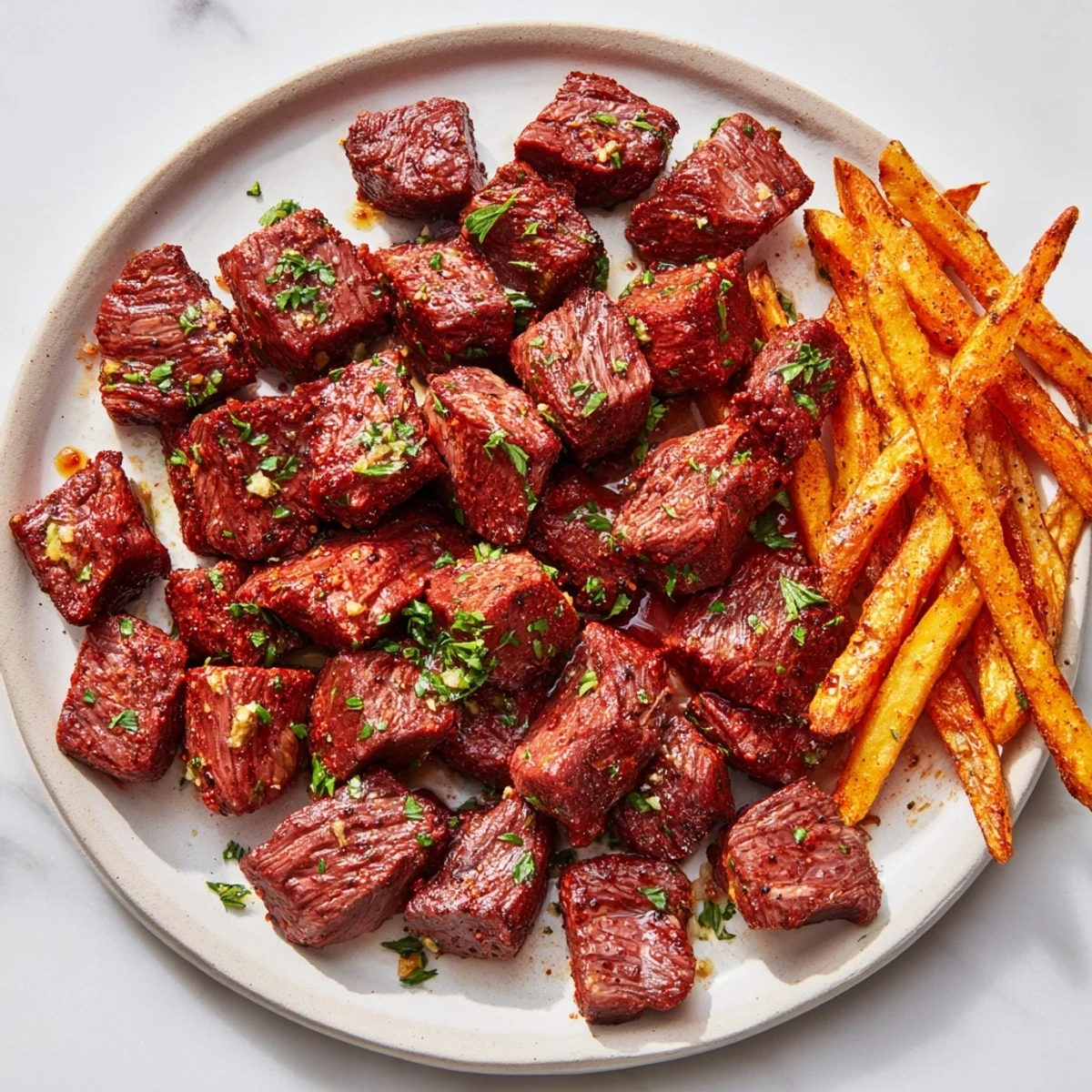 Sizzling Blackened Cajun Steak Bites with golden, crispy fries, a delicious and flavorful American meal.