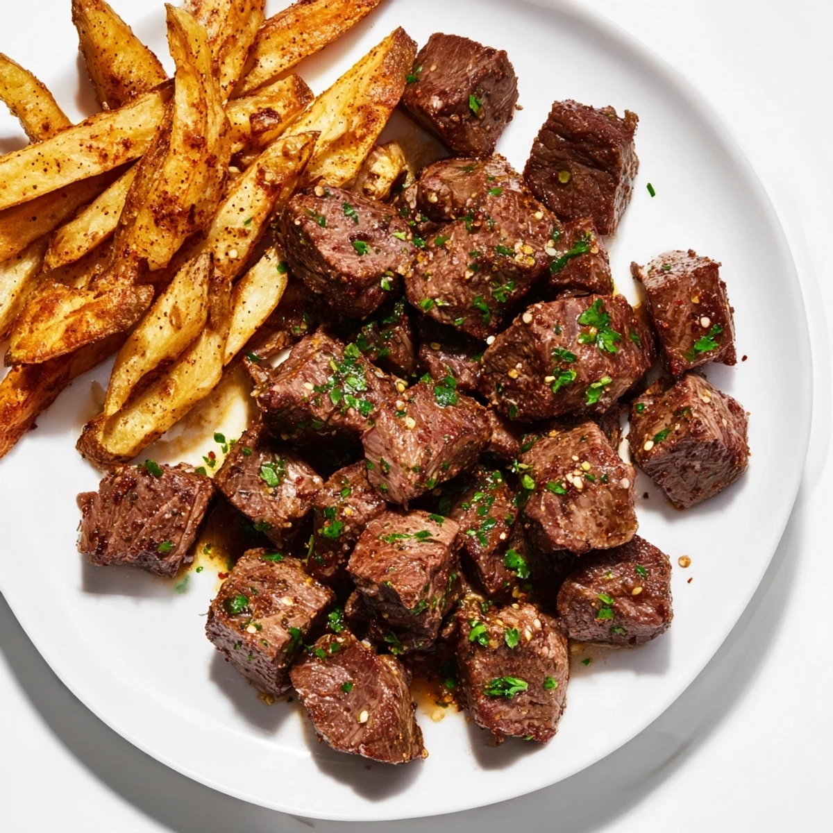 Close-up of perfectly seared Blackened Cajun Steak Bites, garnished with parsley, alongside a pile of fries.