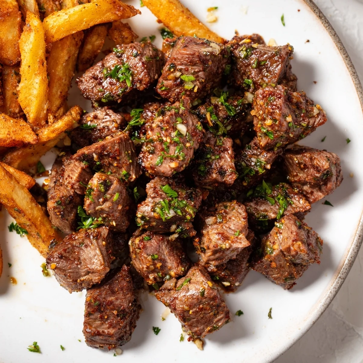 Tender, spicy Blackened Cajun Steak Bites and fries, a gluten-free main course ideal for a quick dinner.
