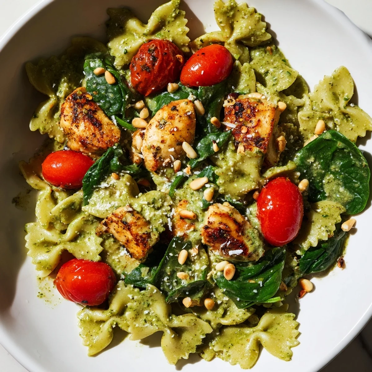 Creamy Pesto Chicken Bowtie Pasta with spinach, tomatoes, and golden chicken, ready to eat.