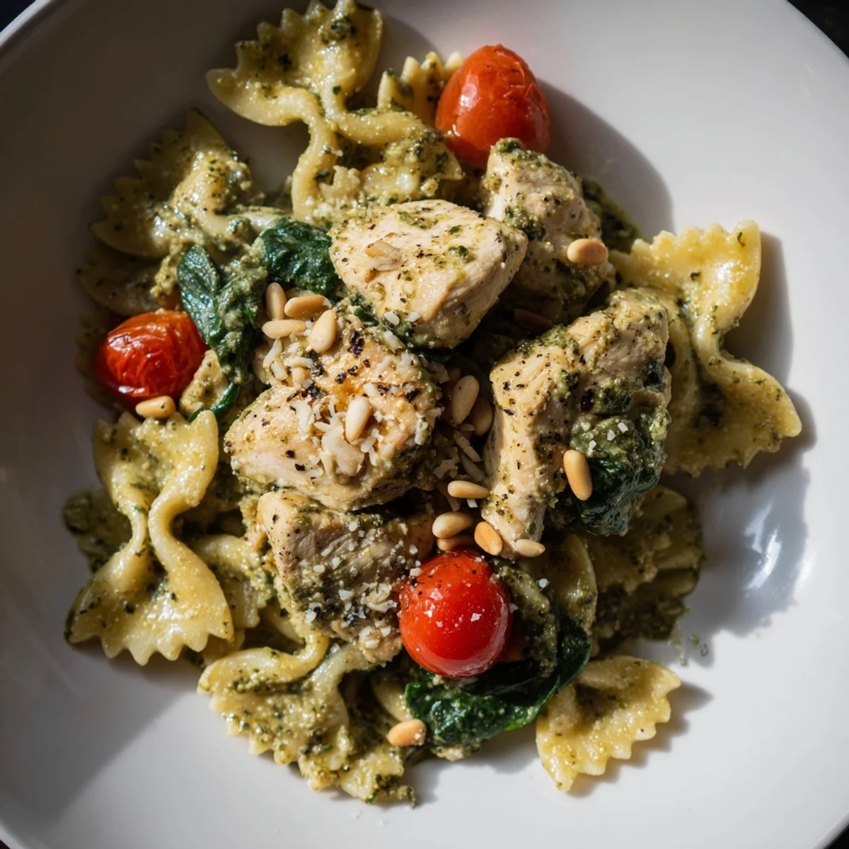Close-up of Pesto Chicken Bowtie Pasta: a flavorful dish with creamy pesto coating pasta.