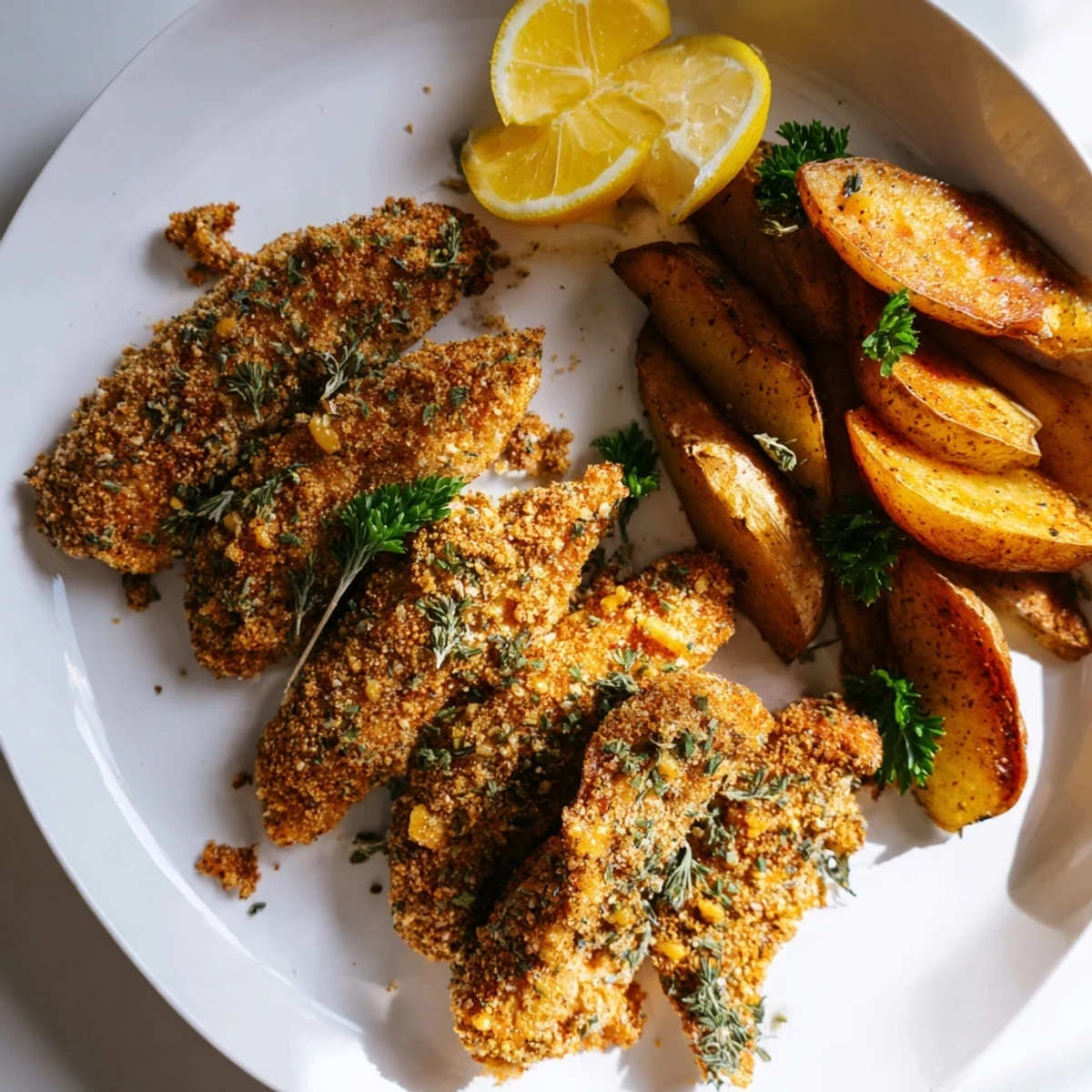 Crispy herbed chicken tenders alongside oven-baked potato wedges, perfect for an easy weeknight dinner.