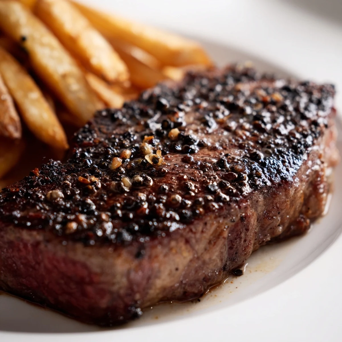 Perfectly cooked Classic Peppercorn Ribeye steaks with a peppercorn crust, alongside golden, crunchy fries.