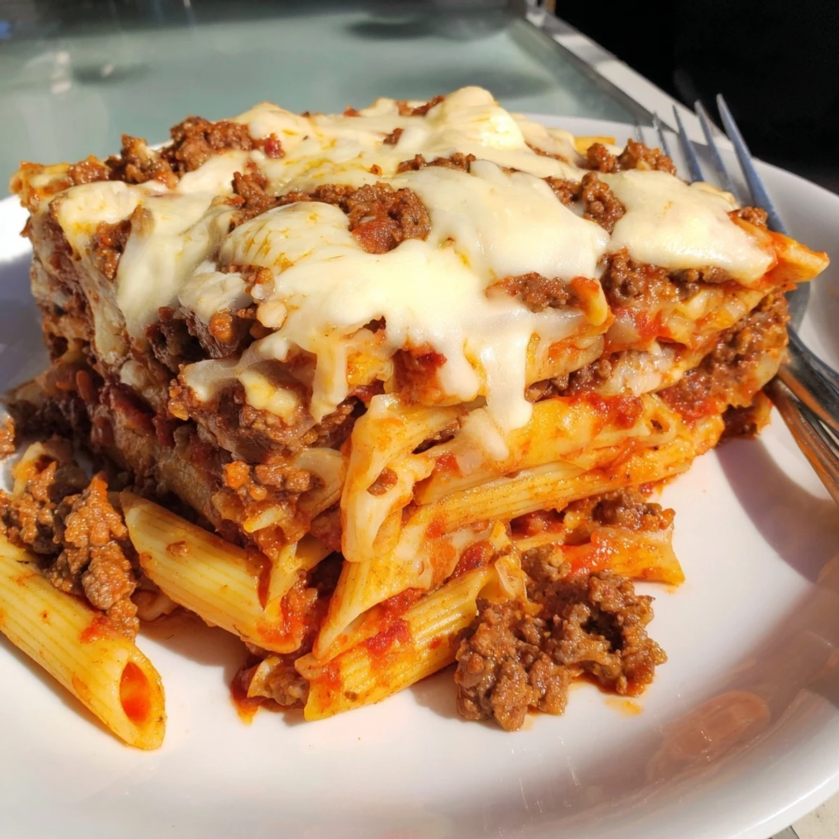 A close-up view of the Cheesy Beef & Penne Bake, showcasing the layers of pasta and cheese.