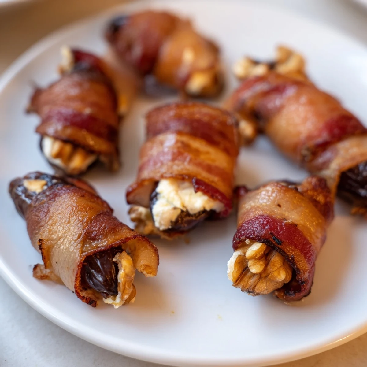 Crispy bacon wrapped dates stuffed with cream cheese and walnuts, perfect savory appetizers.