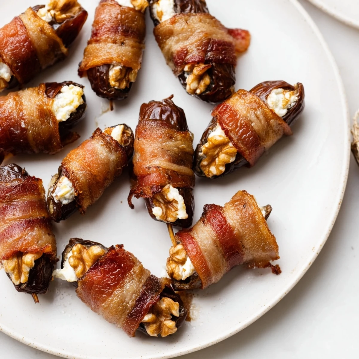 Shiny, bacon-wrapped dates reveal creamy cream cheese and walnut centers, ready to eat.