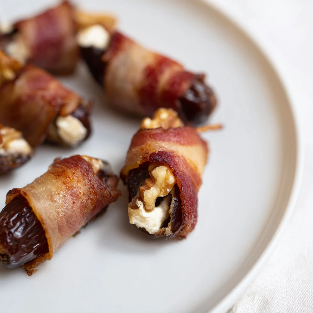 Golden, savory bacon encircles dates, showing a delicious cream cheese and walnut filling within.