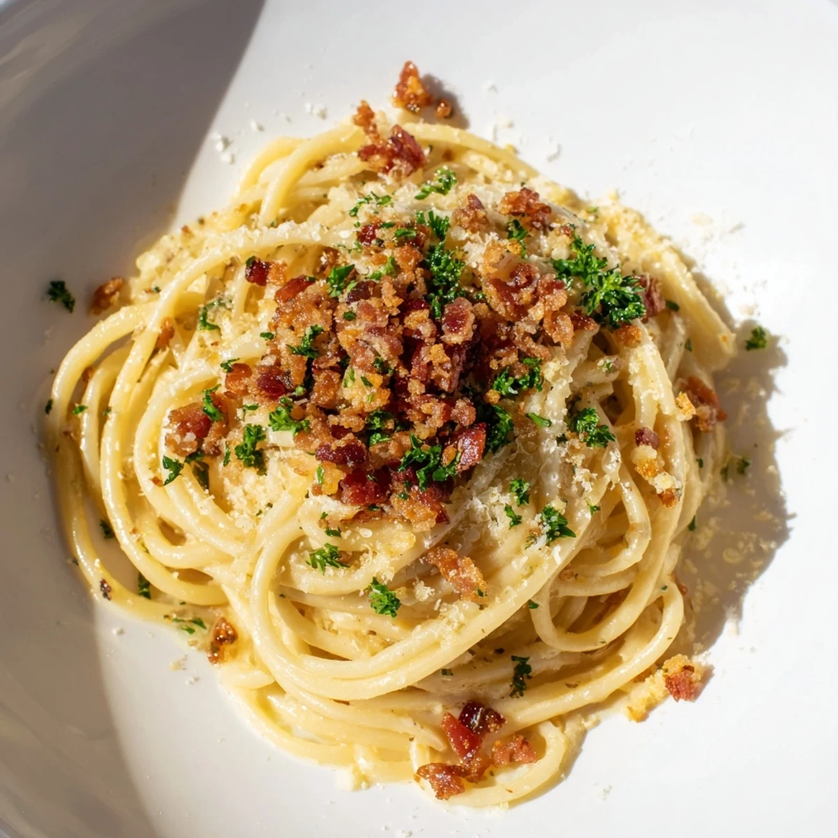 Steaming Garlic Butter Pasta with Crispy Bacon, a flavorful delight ready for the fork.