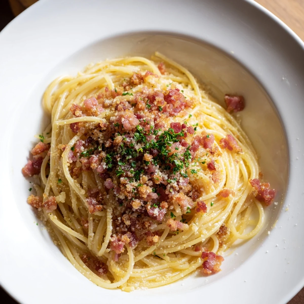 Golden, crispy bacon tops this Garlic Butter Pasta, perfect for a cozy weeknight meal.