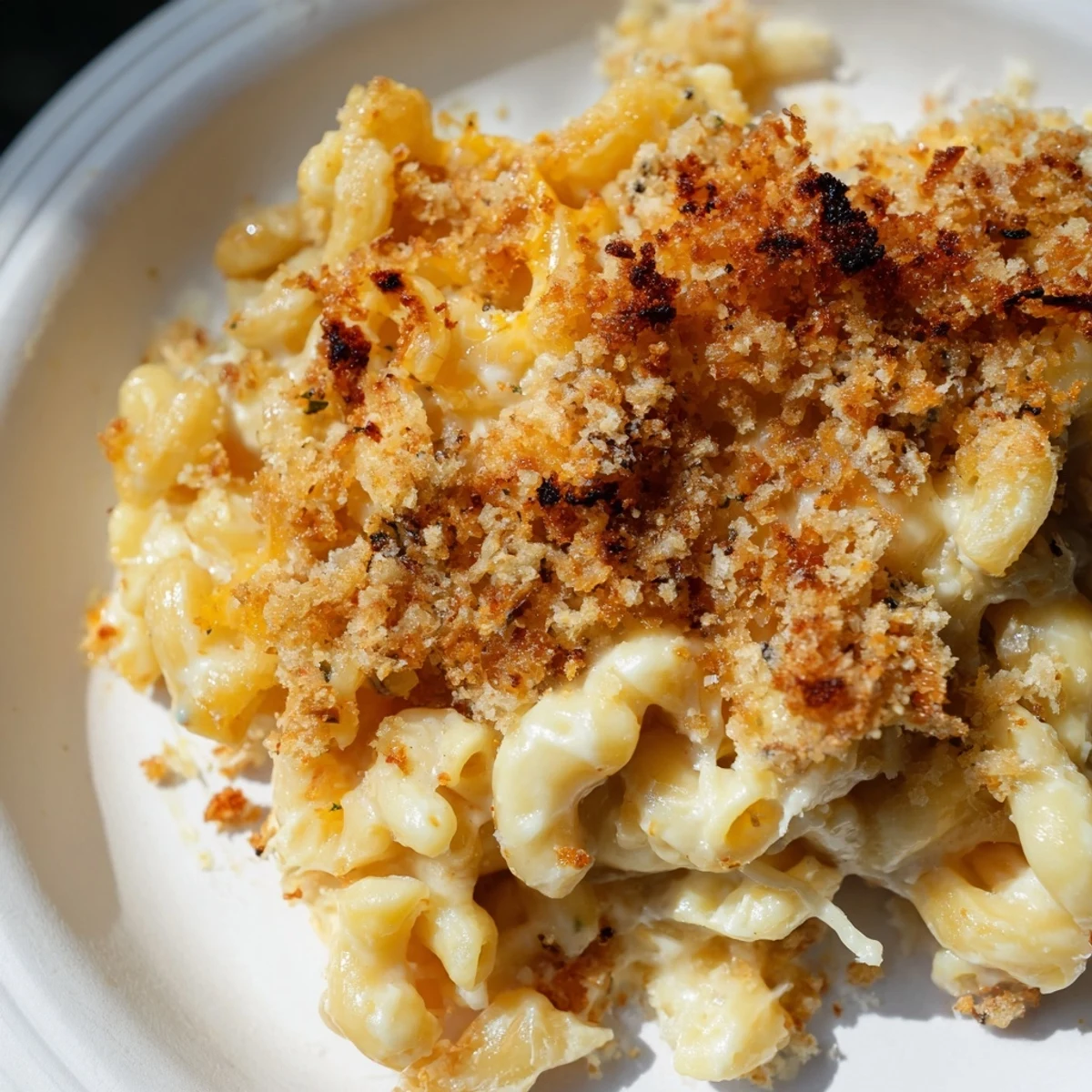 This photo features warm, comforting baked macaroni and cheese, boasting a crispy, golden top layer.