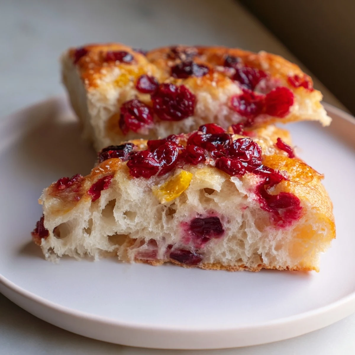 Golden brown Cranberry Orange No-Knead Focaccia topped with bright red cranberries and zesty orange.