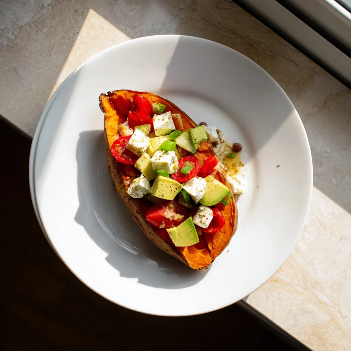 Steaming hot Loaded Baked Sweet Potatoes, brimming with flavorful black beans, and cool avocado.
