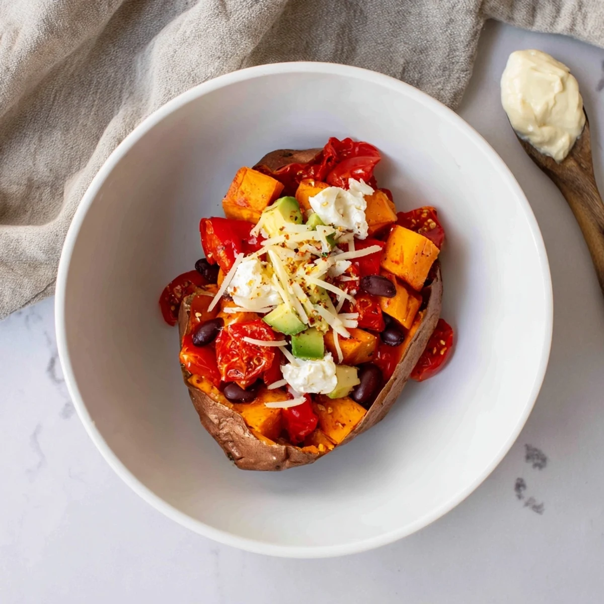 A close-up of hearty Loaded Baked Sweet Potatoes ready to be devoured, a delicious vegetarian feast.