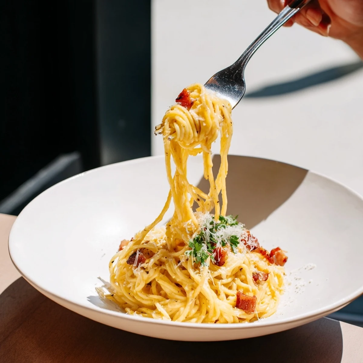 Creamy carbonara ramen fusion, featuring perfectly coated noodles with cheesy, rich sauce.