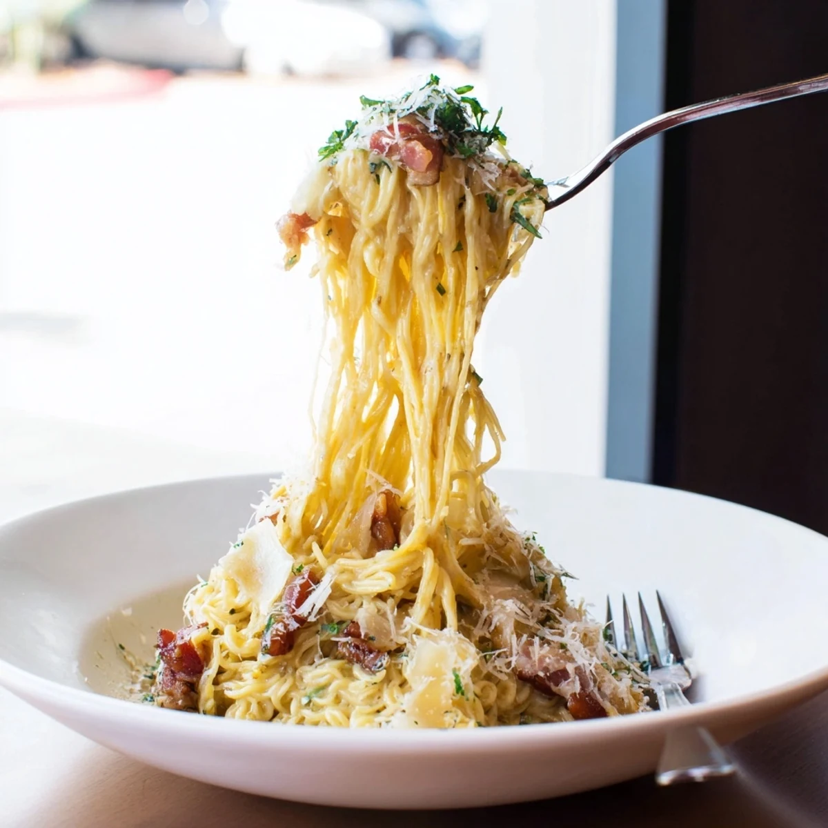 A close-up of delicious Carbonara Ramen Fusion: cheese-covered noodles with crispy bacon.