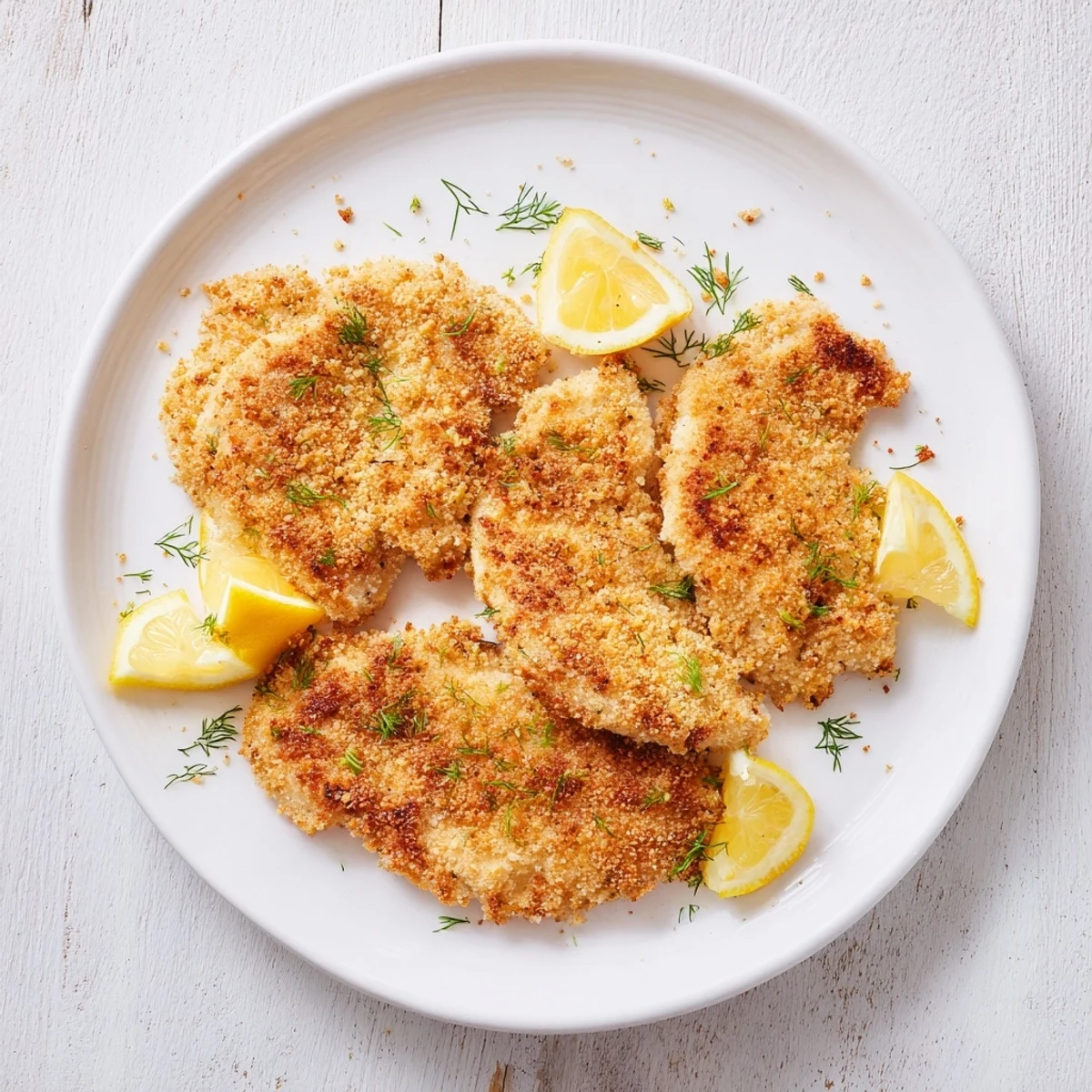 Golden-brown pickle-brined chicken cutlets are arranged, ready to be served with fresh dill and lemon.