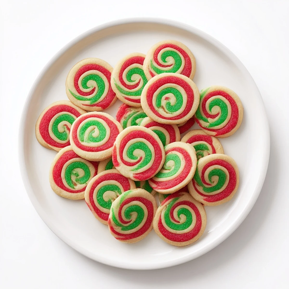 Warm, freshly baked Holiday Pinwheel Cookies, showcasing swirled dough with holiday colors and sanding sugar.