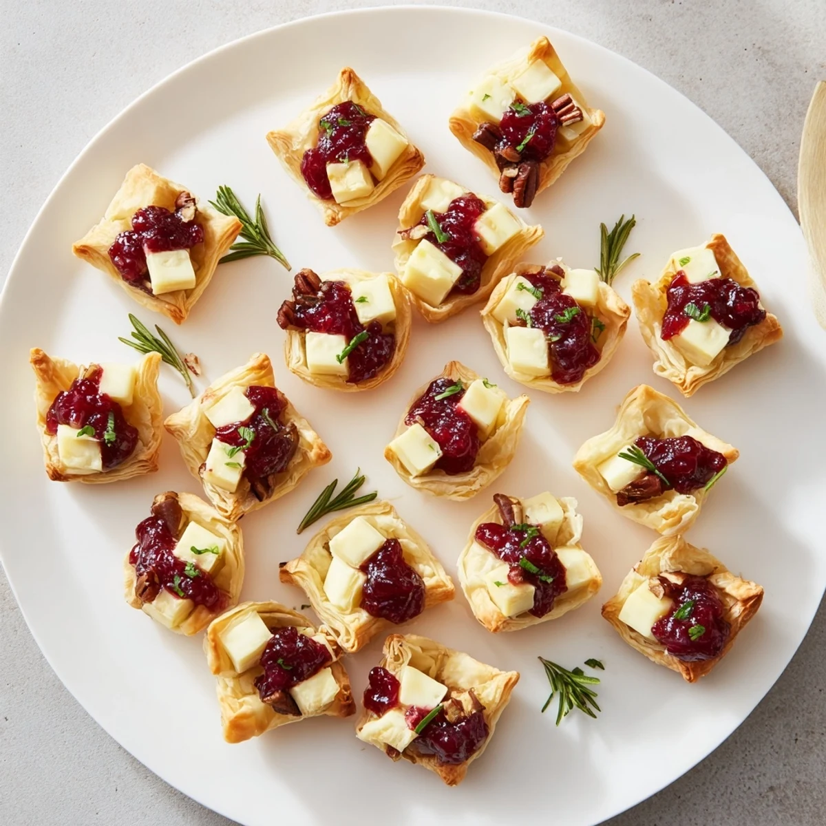 Golden, flaky Cranberry Brie Bites filled with melted cheese and sweet cranberry sauce—a festive appetizer.