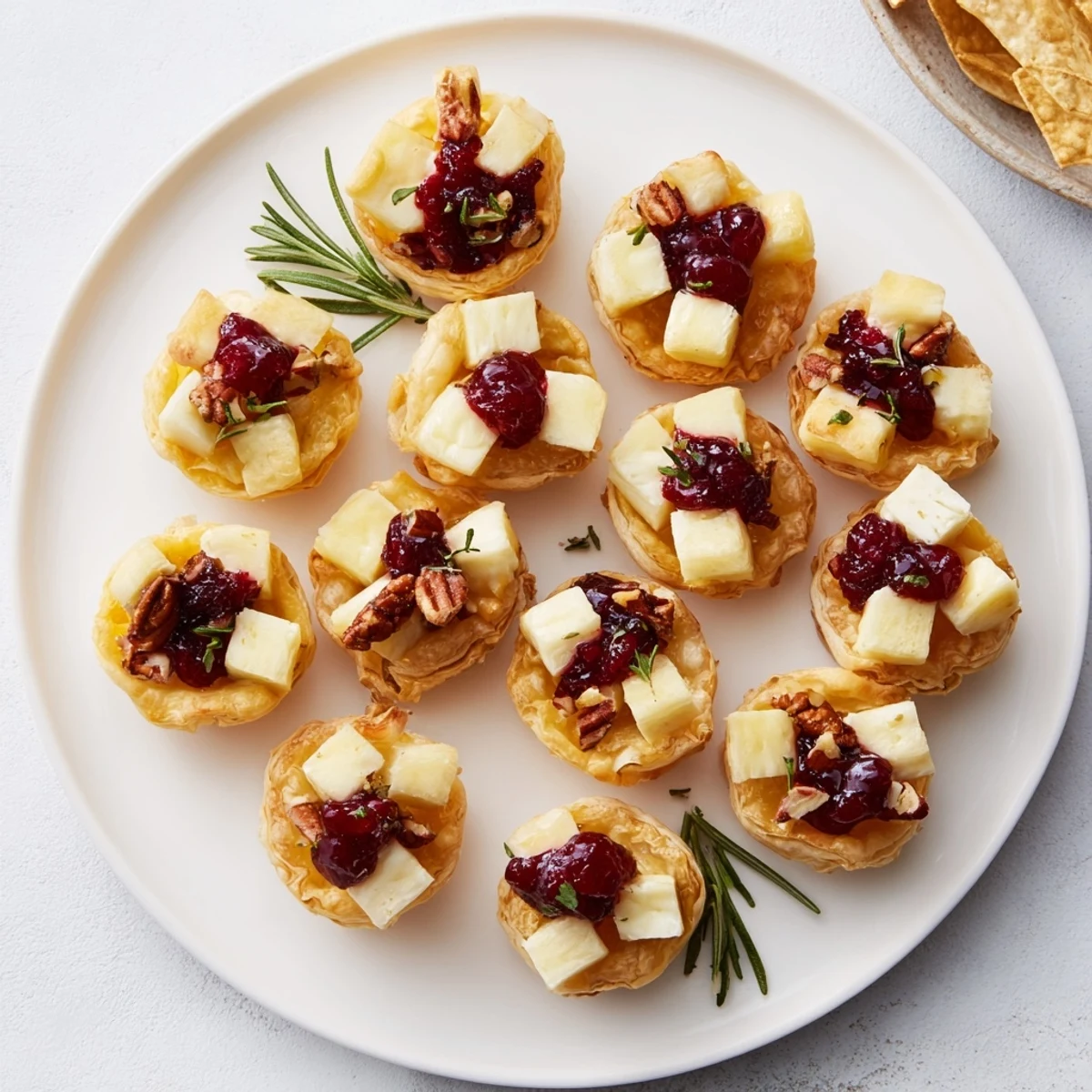 Freshly baked Cranberry Brie Bites, showcasing oozing Brie and vibrant cranberry nestled in golden pastry cups.