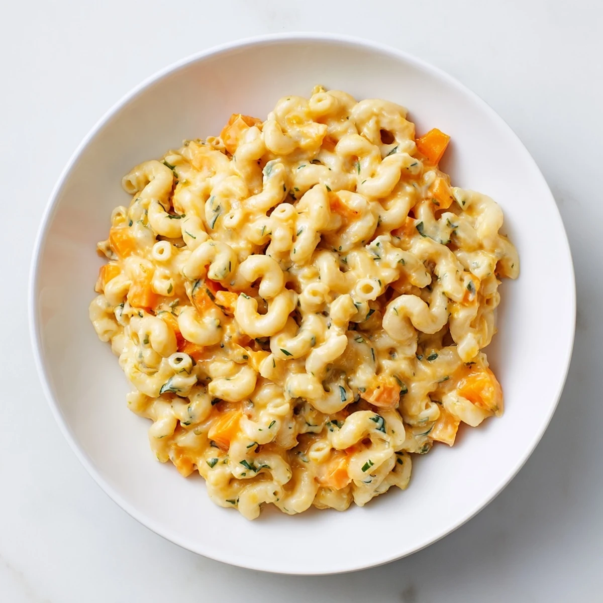 Golden One-Pot Butternut Squash Mac & Cheese: a close-up shows the cheesy, perfectly cooked pasta.