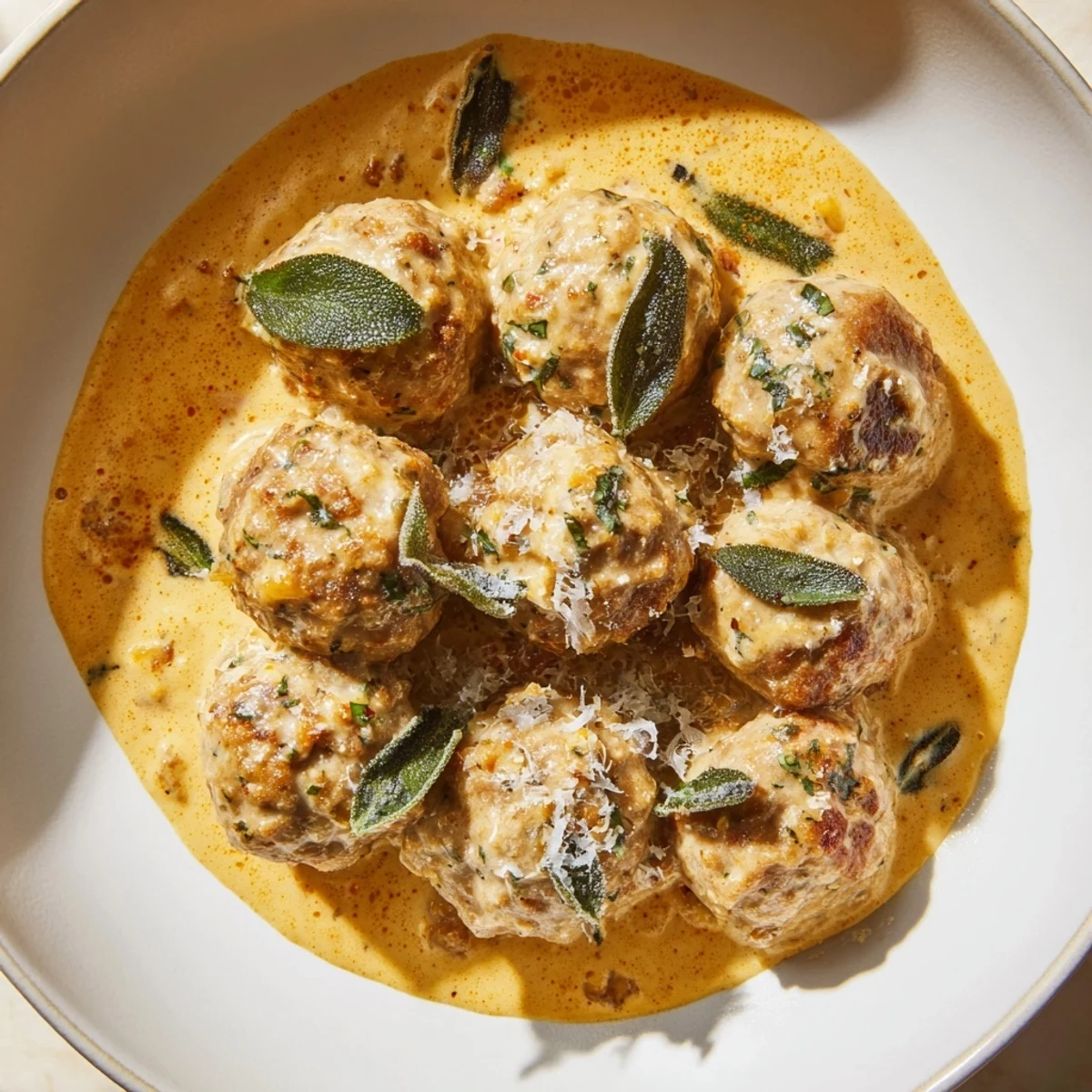 Golden-brown turkey meatballs swimming in a rich pumpkin sage sauce, ready for your plate.