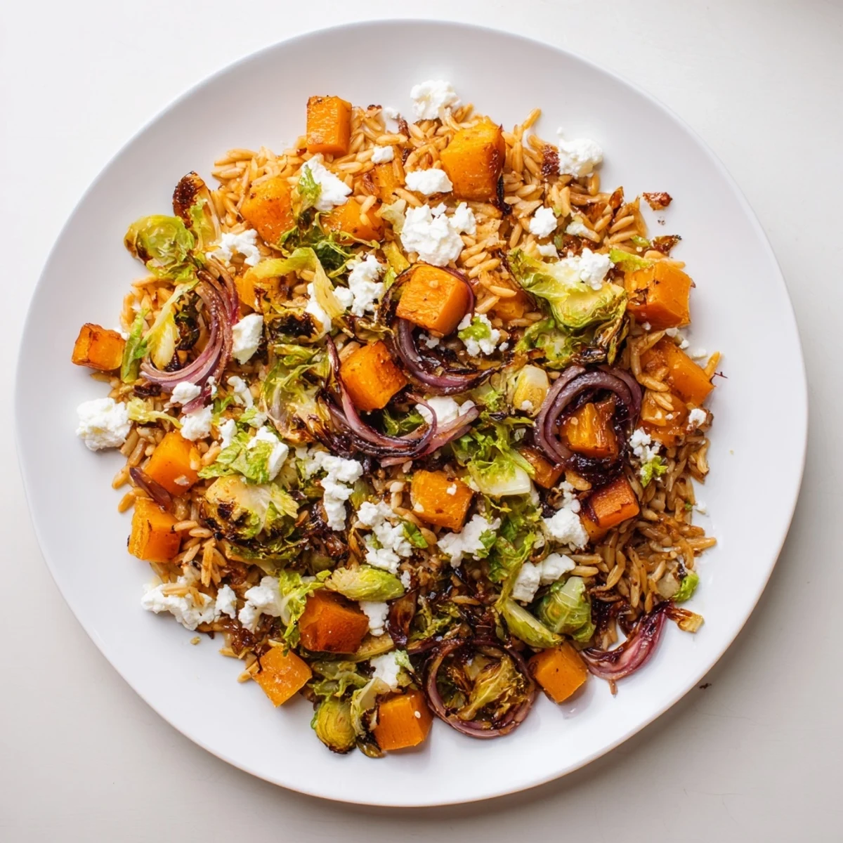 Vibrant Best Fall Harvest Orzo Salad with roasted butternut squash, brussels sprouts, and creamy goat cheese.