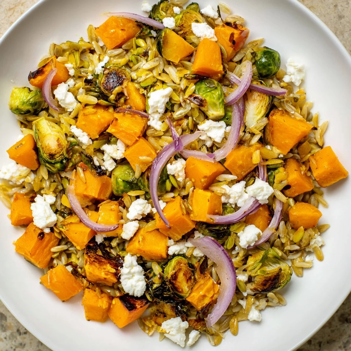 Close-up of Best Fall Harvest Orzo Salad: colorful autumn vegetables with a maple balsamic glaze.