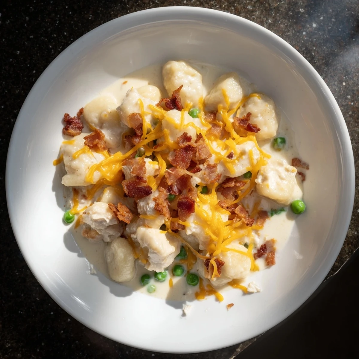 This photo features a bubbling skillet of Creamy Crack Chicken Gnocchi, a one-pot meal bursting with creamy flavors.