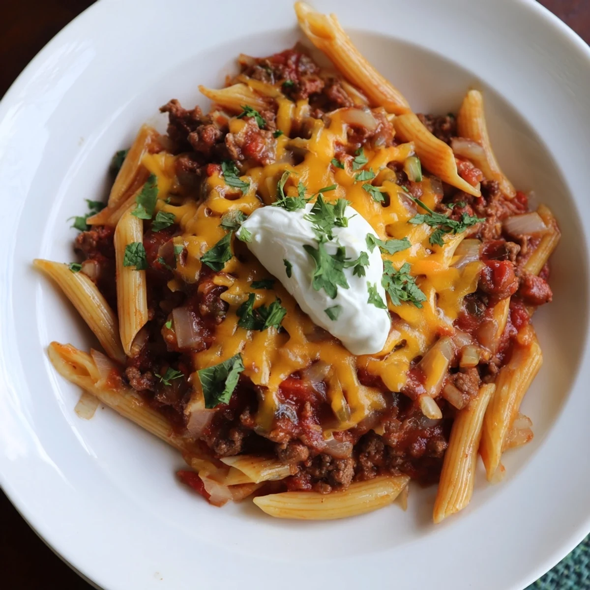 A close-up of Easy Beef Enchilada Pasta, perfectly showcasing the sauce and pasta.
