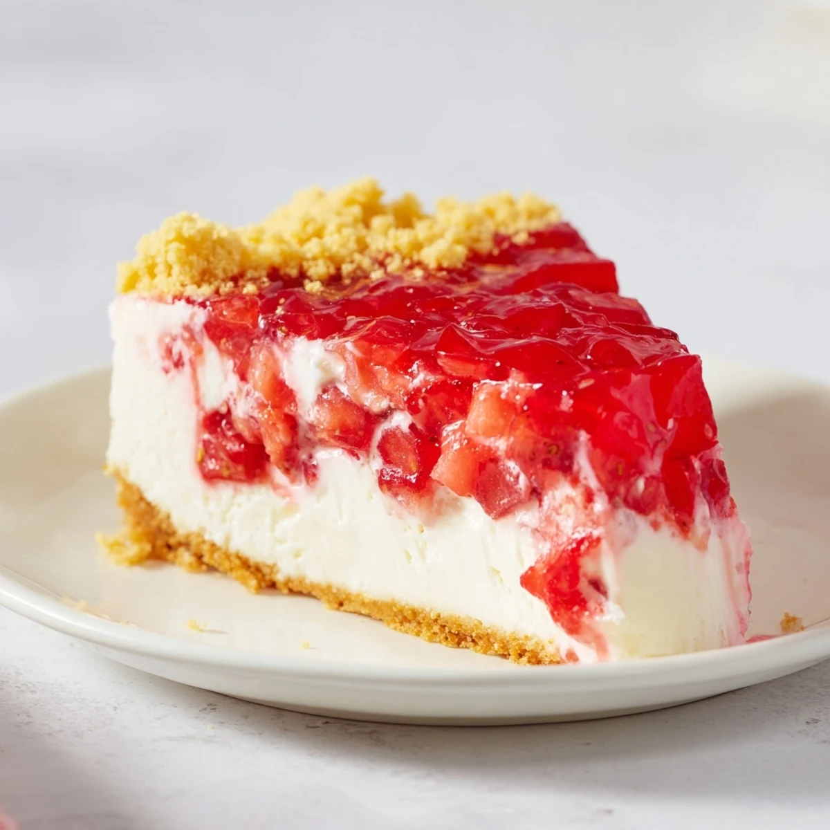 A slice of Strawberry Shortcake Cheesecake with whipped cream and cookie crumble looks delicious.
