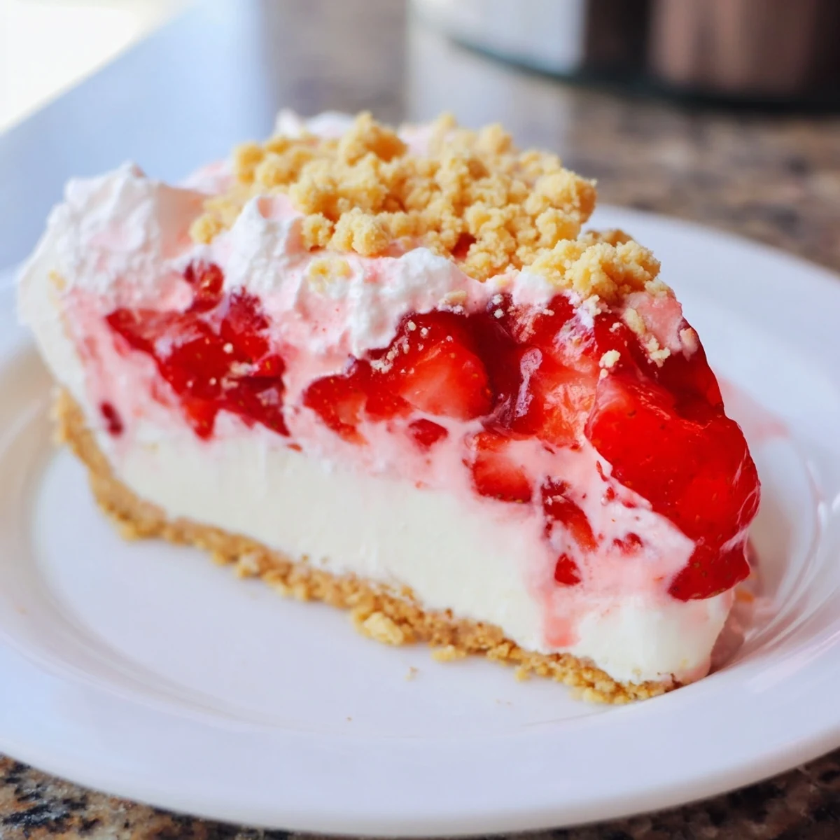 This photo depicts a layered Strawberry Shortcake Cheesecake, showcasing a vibrant strawberry topping.