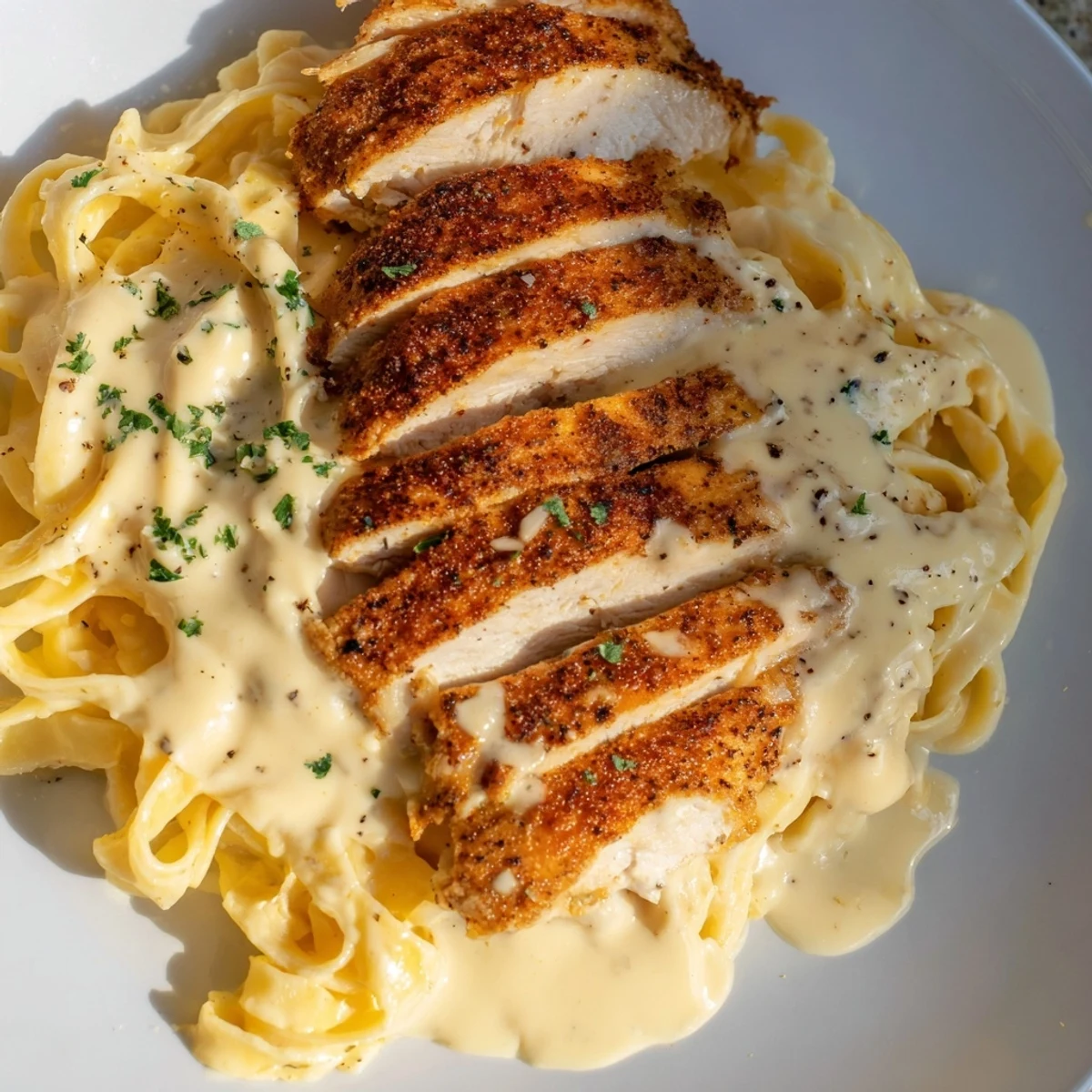 Tender slices of Cajun Chicken Alfredo Fettuccine pasta in a creamy, cheese-covered bowl, ready to enjoy.